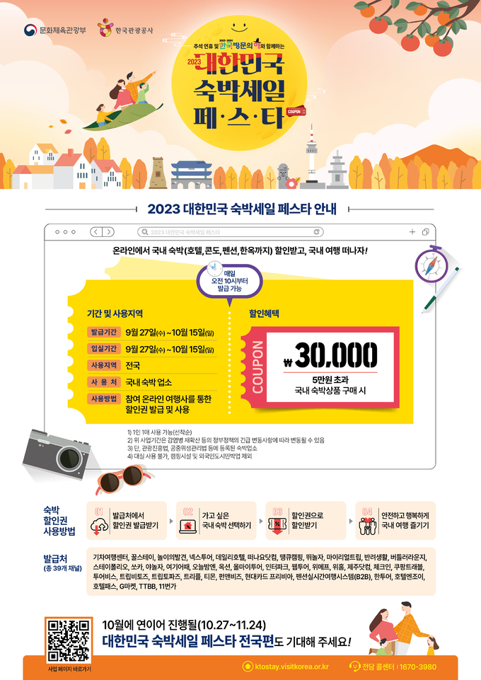 숙박페일 페스타, 추석 연휴 전날부터… 할인쿠폰 30만장 배포