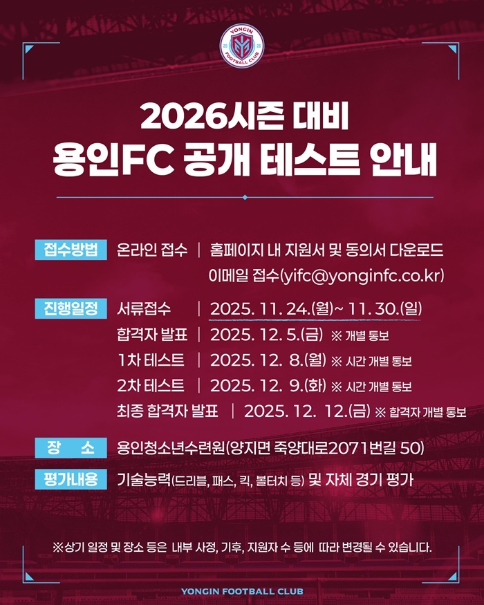 프로축구 용인FC, 12월8~9일 공개테스트… 유망주 발굴 나선다