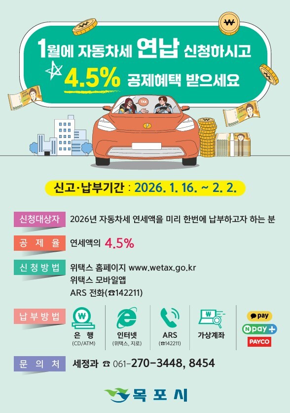목포시, 1년치 자동차세 이번달 납부하면 ‘세액 공제’